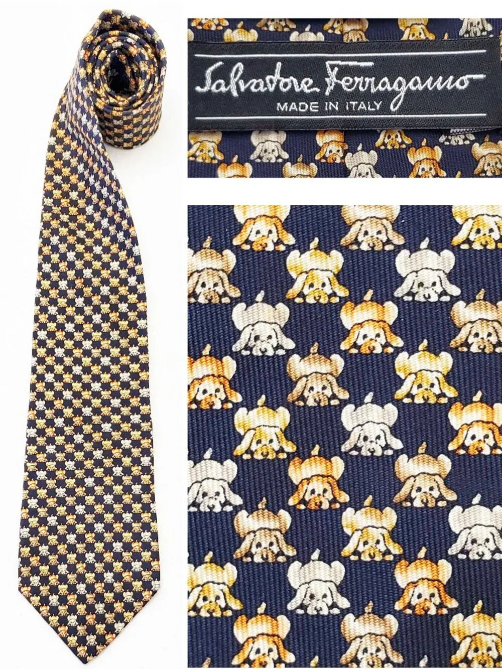 Salvatore Ferragamo Mens Puppy Dogs Puppies Navy 100% Silk Neck Tie Made Italy